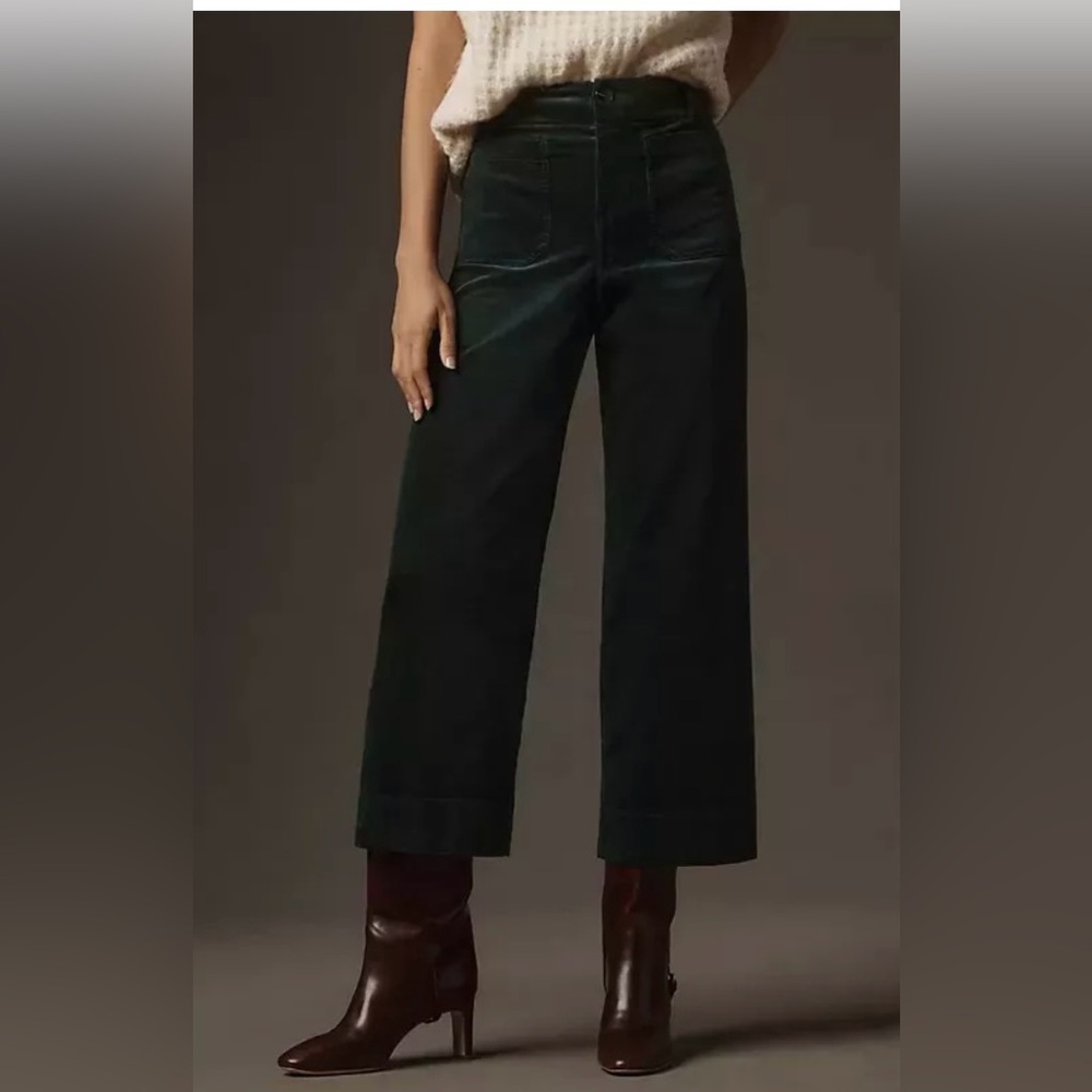MAEVE Colette high waisted cropped wide leg corduroy pants in dark green size 34